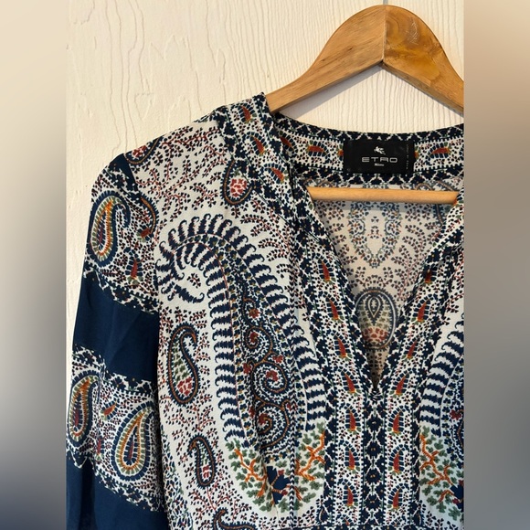 ETRO Mosaic Paisley White and Navy Print Tassel Long Sleeve Maxi Boho Dress - Picture 7 of 17